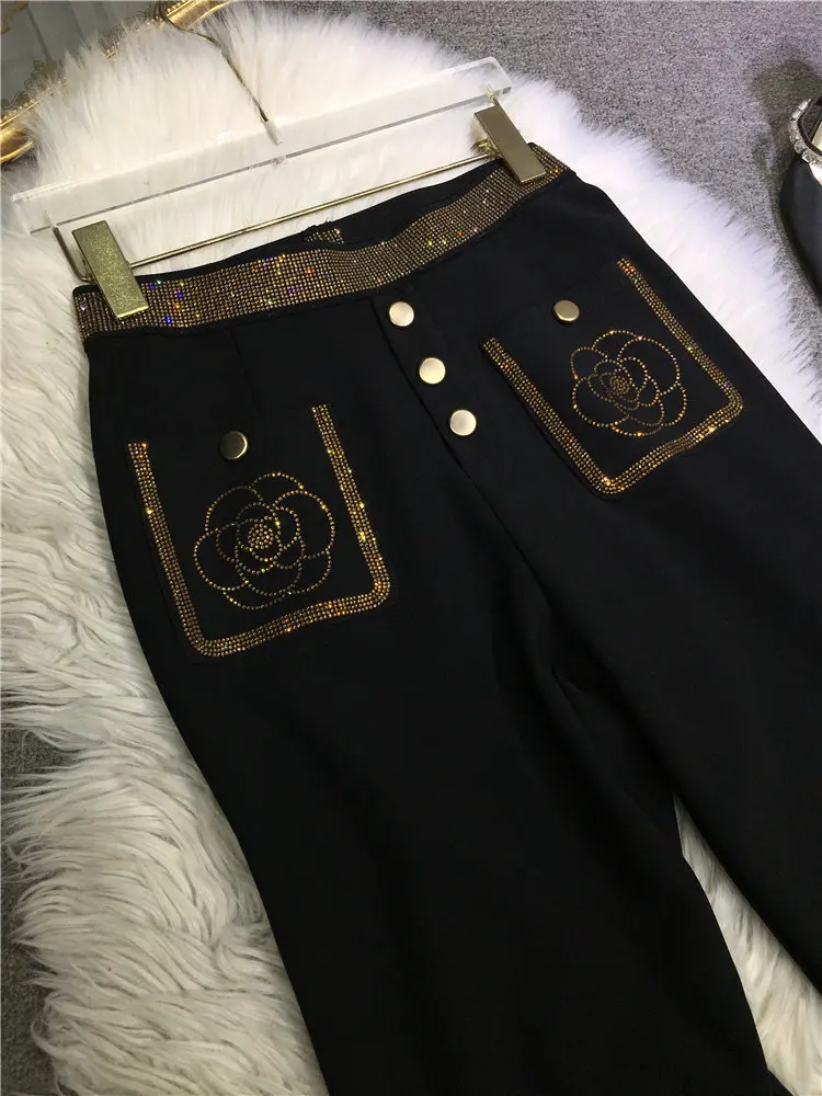 Fashion Lady New Autumn High Waist Black Straight Long Trousers Mopping Floor Golden Hot Diamond Large Size Wide Leg Women Pants