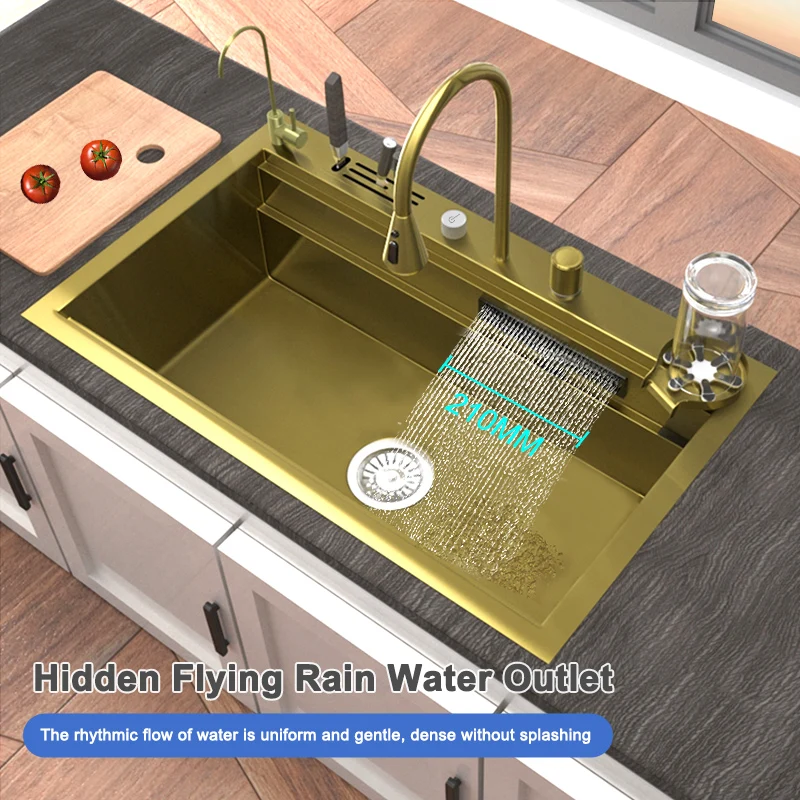 Waterfall Kitchen Sink Golden Large Single Slot Stainless Steel Sink Household Washbasin Under The Counter Basin for Kitchen