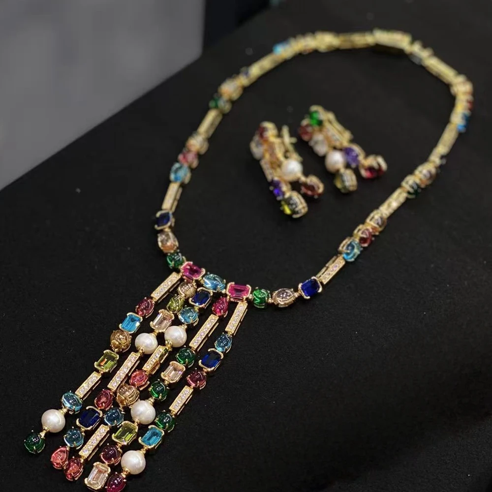 

KQDANCE Luxury Multi Layer Colored Stone Lab Grown Sapphire Tassel Necklaces Women's Earrings Pearl Gold Silver 925 Jewelry Sets