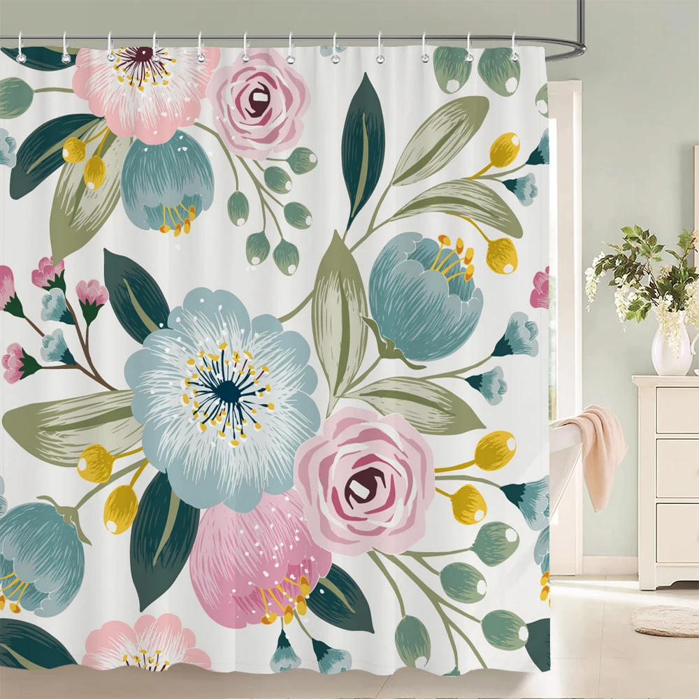 

Flower leaf Printing Shower Curtain Waterproof 3D Fabric Floral Plant leaves Bathroom Curtain with 12 Hooks Home Decoration