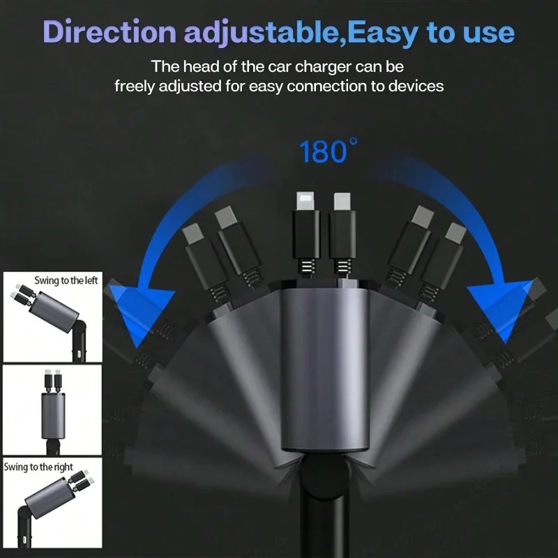 Retractable Car Charger 100W Fast Charge Retractable Cables And 2 USB Ports Car Charger Adapter Compatible With IPhone & Android