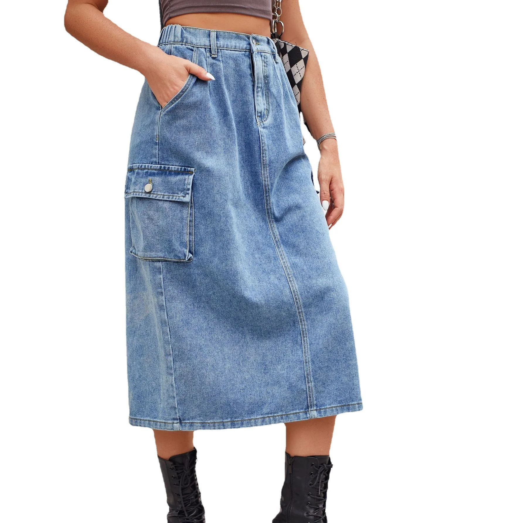 Dameskleding Denim Rokken Zakken Gesplitst Hoge Taille Enkellange Rok Slanke Omslag Billen Gewassen Verontruste Safari Stijl