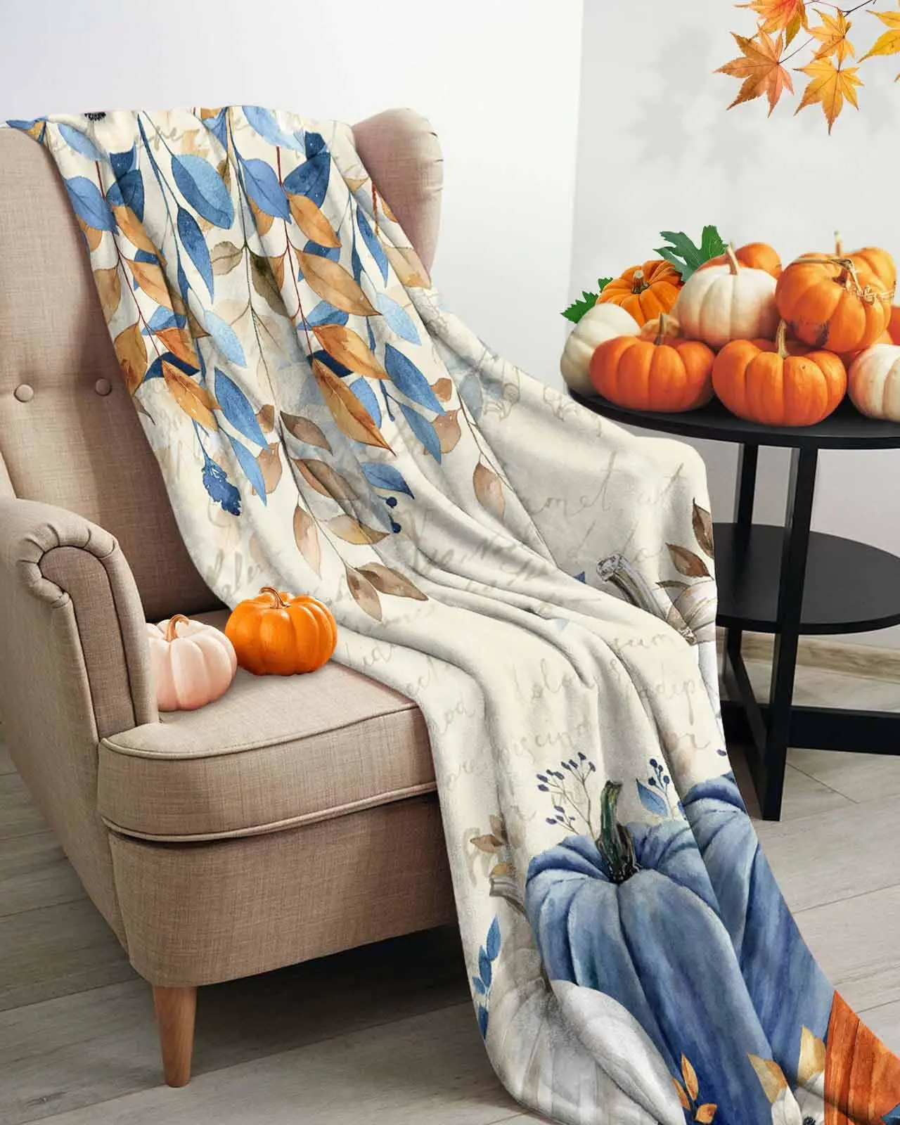 Blue Pumpkins Fall Throw Blanket, Blue Orange Eucalyptus Leaves Thanksgiving Flannel Fleece Blanket,  Beige Autumn Lightweight