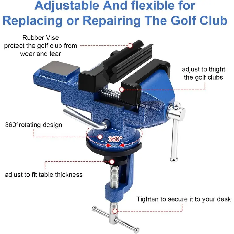 B48B-Golf Grip Kit For Regripping Golf Clubs Includes Removal Tool 360° Swivel Table Vise With Anti-Slip Rubber Pad Hook B