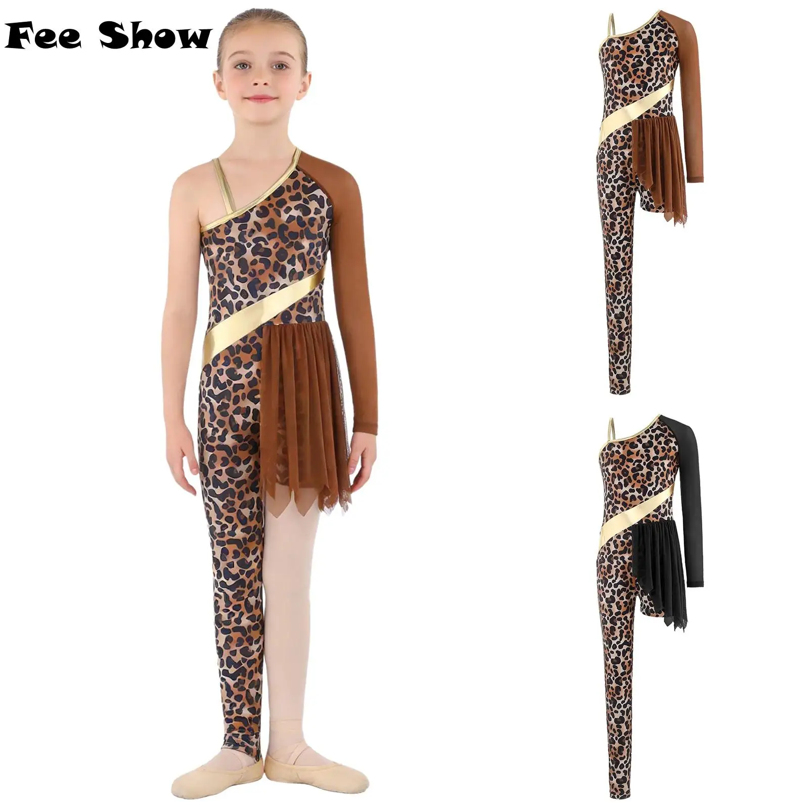 

Костюм для девочек: асимметричный комбинезон с леопардовым принтом для гимнастики, танцев, тематических мероприятий и сценических выступлений