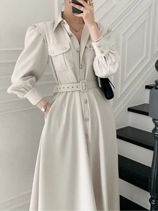 Elegant Long Sleeve Single Button Women's Dress Autumn New Style Waist Cinched Maxi Skirt Double Pocket Korean Style Dress