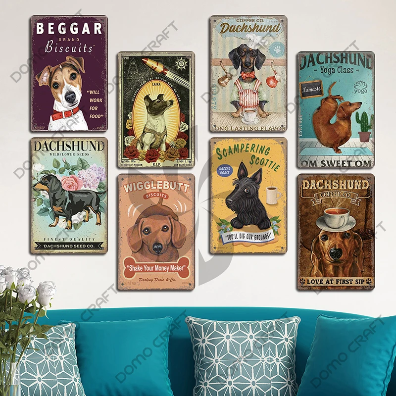 Cute Pet Dogs Poster Metal Tin Signs Vintage Bulldog Dachshund Metal Plaque Wall Art Decor for Coffee Shop Kitchen Garden Home