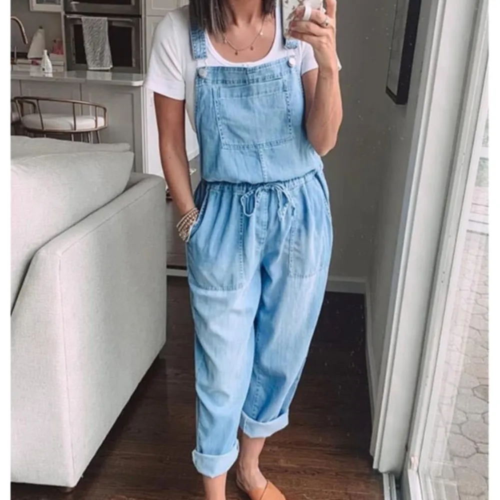 Frühling Sommer Kordel zug Denim Overalls Damen einfach lässig mit stilvollen Tasche schlanke schlanke Füße Jeans hose weiblich 2024