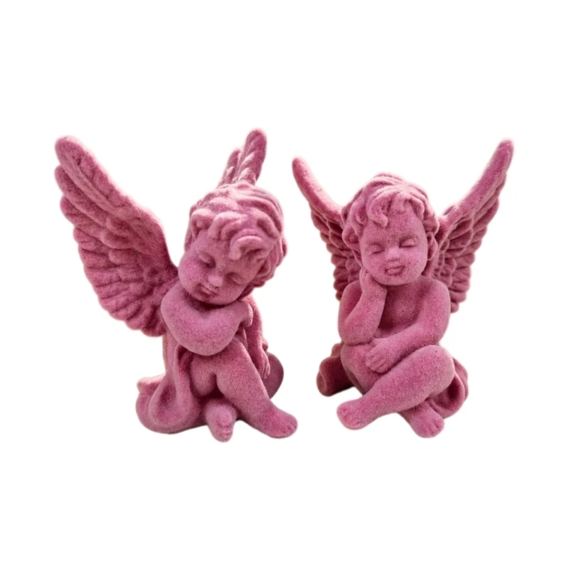 Angel Statue Set of 2 in Resin with Soft Pink Finish, Winged Figures for Porch, Balcony, Lawn and Entryway Display in 37JD