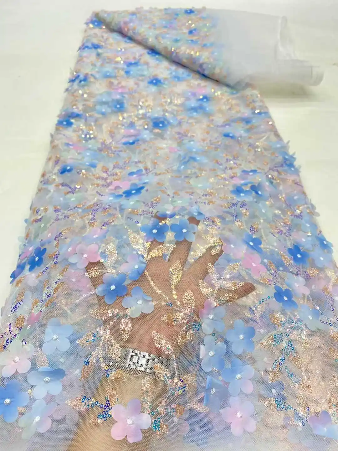 

3D Flower Lace Fabric 2025 High Quality French Mesh Embroidery Sequins Nigerian Lace Fabrics