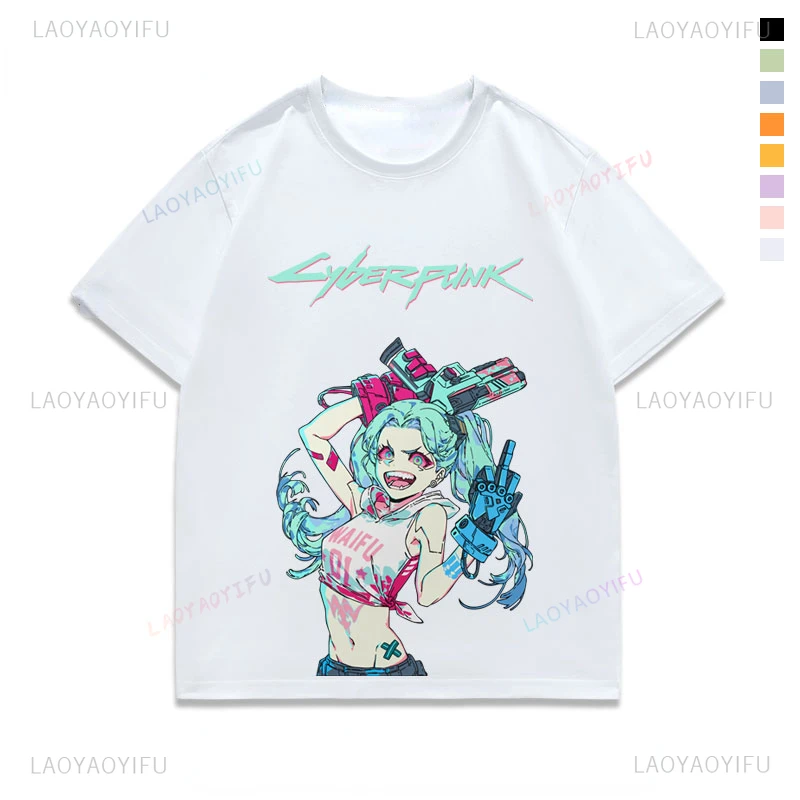 Kawaii Rebecca Lucy Printed Cotton T-shirt Hot Japan Anime Cyberpunk Edgerunners Game Fans Otaku Tshirt Fashion Streetwear Tees