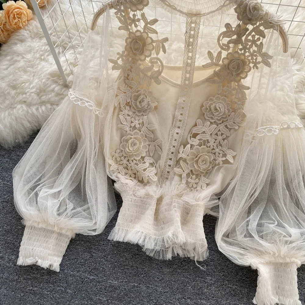 2Pcs/Set Summer Lace Puff Long Sleeve Blouse Vintage 3D Flower Cropped Top Slimming Korean Women Shirts Clothing Women