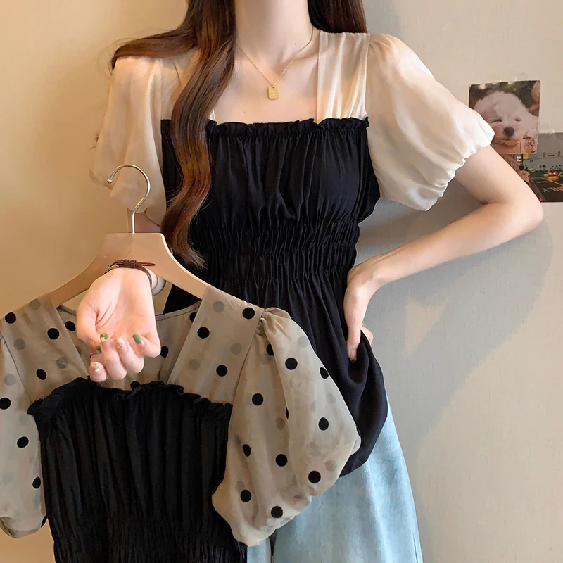 Sweet Folds Spliced Polka Dot Puff Sleeve Chiffon T-Shirts Female Clothing 2024 Summer New Loose Casual Tops Chic Tee Shirts