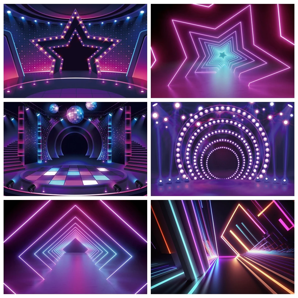 

Neon Lights Stage Backdrop Cool Dancing Bar Smog Aperture Disco 80's 90's Party Stage Decor Photography Background Photo Studio