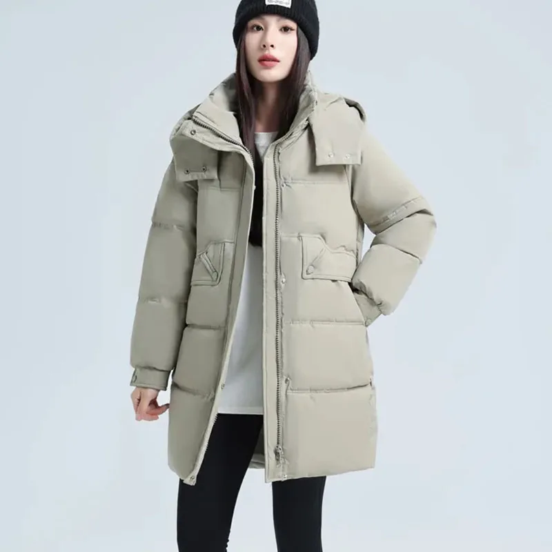 New Down Cotton Jacket 2024 Women's Long Detachable Hooded Parker Overcoat Loose Winter Fashion Female Warm Padded Jacket Zipper