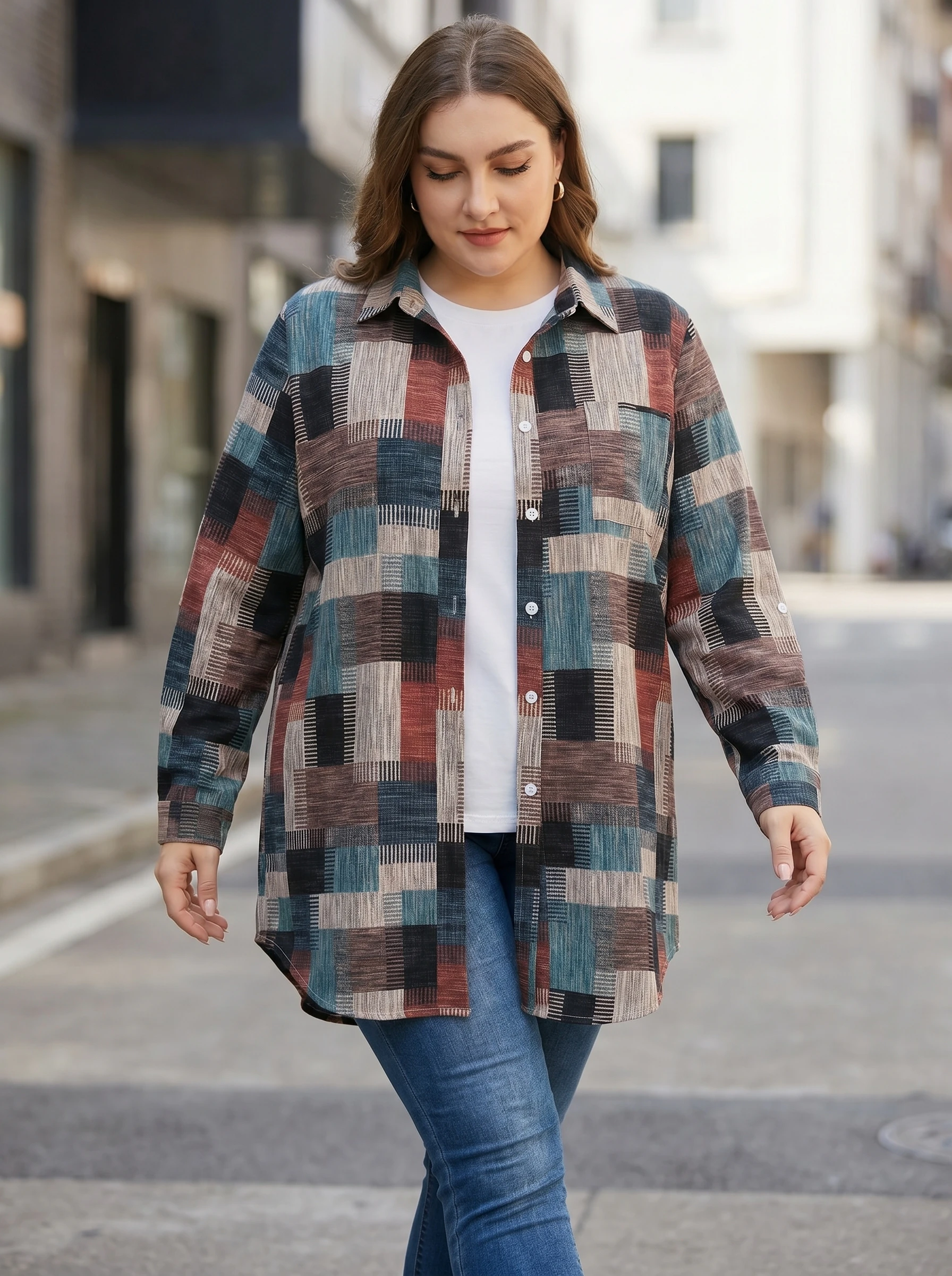 Gadinus Plus Size Women's Plaid Shirt Long Sleeve Button Down Collared Blouse Loose Fit Tunic Top with Chest Pocket 5