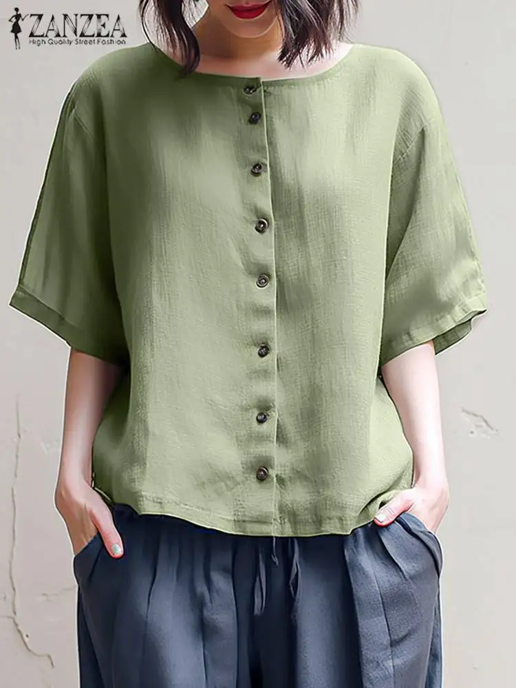 ZANZEA Women Summer Solid Shirt Fashion Holiday Short Sleeve Tops Vintage Baggy Round Neck Blouse 2024 Casual Loose Buttons Tops