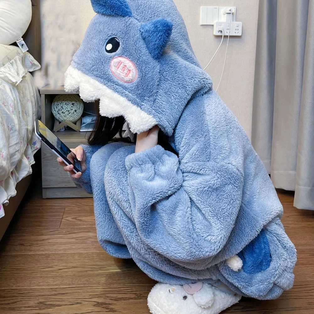 Blue Shark One-piece Pajamas Anime Cartoon Cosplay Costumes Winter Coral Fleece Warm Hooded Nightgown Full Zipper Thick Onesies