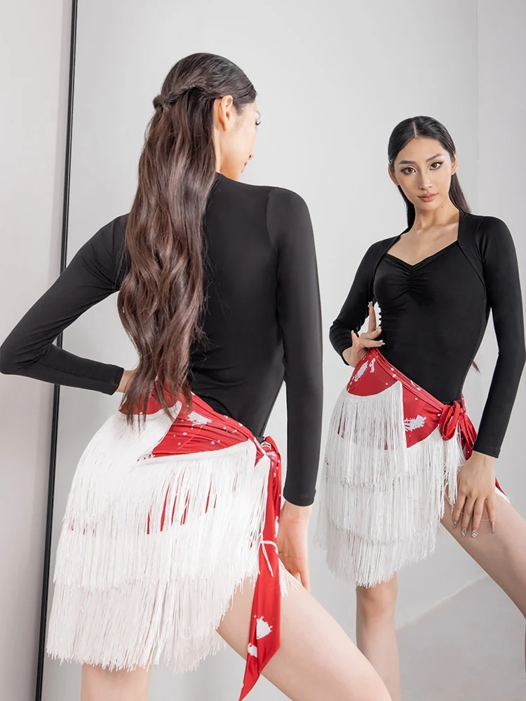 2024 New Adult Women Latin Dance Clothes Long Sleeves Tops Tassel Hip Scarf Latin Skirt Rumba Samba Dance Practice Wear BL13526