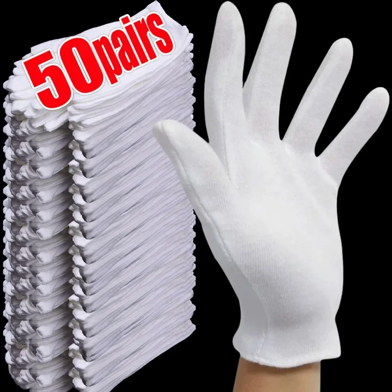 1/50pairs White Cotton Work Gloves for Dry Hands Handling Film SPA Gloves Ceremonial High Stretch Gloves Household Cleaning Tool