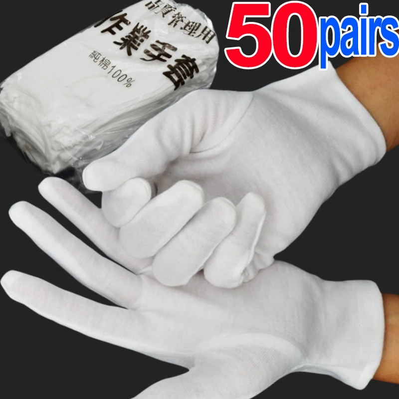 1/50pairs White Cotton Work Gloves for Dry Hands Handling Film SPA Gloves Ceremonial High Stretch Gloves Household Cleaning Tool