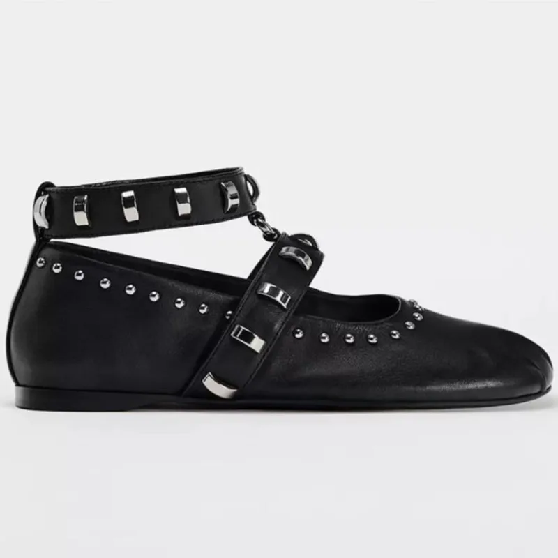 

2025 Autumn New Women's Ballet Flats Shoes Rivet Flat-bottomed Black Real Leather Shoes One-word Buckle Mary Jane Single Shoe