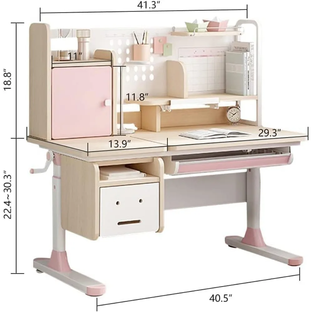 Ergonomic Multi Function Wood Adjustable Kids Study Desk Drafting Table and Computer Station with Book Shelf and Hutch