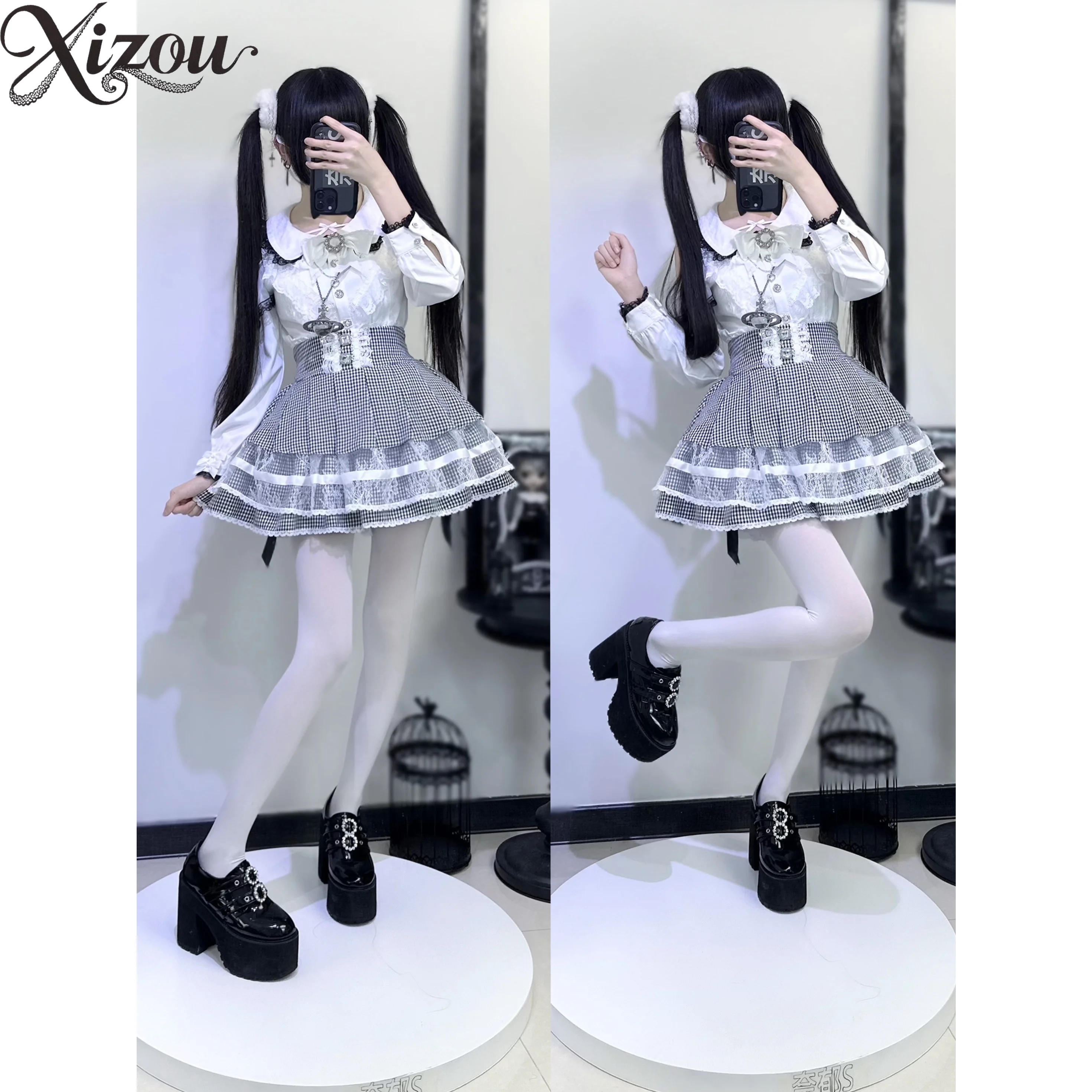 Kawaii-Rock mit hoher Taille, Mine-Serie, in Massenform, japanischer Lolita-Stil, vielseitige Spitze, Spleißen, Sommer, lässige Miniröcke