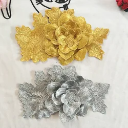 Gold and Silver Stereoscopic peony Embroidery iron on Patches for Clothing Applique Accessories Cloth Sticker