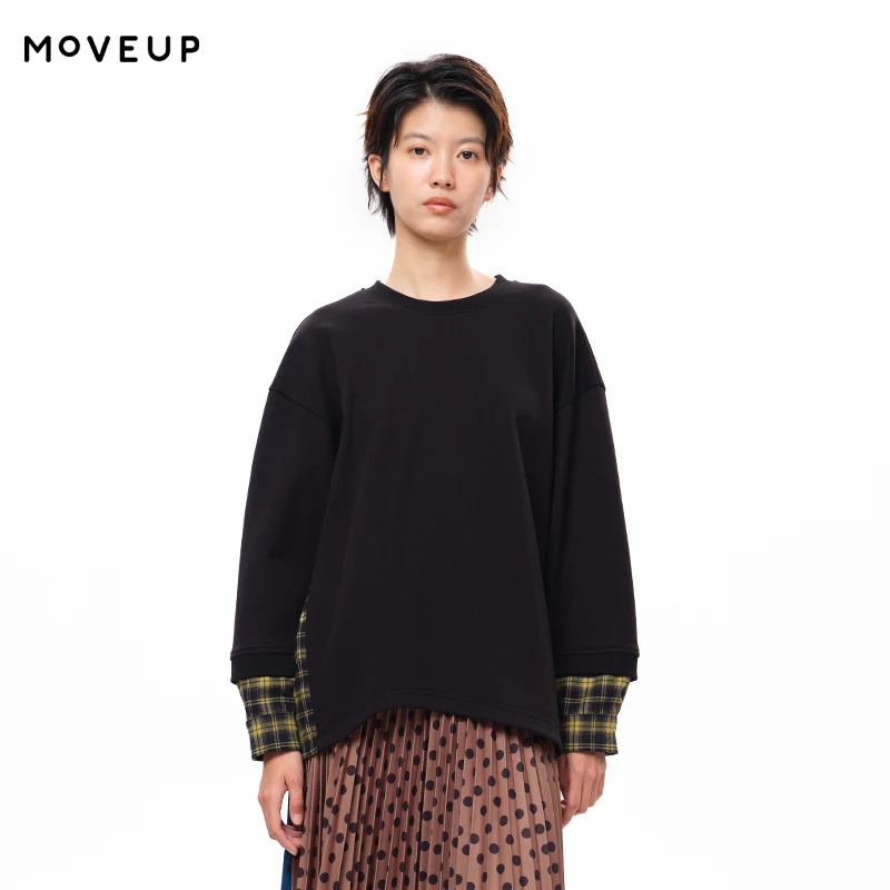 

MOVEUP Long Sleeved Round Neck Sweatshirt Winter Contrast Color Splicing Plaid Curved Hem Drop Sleeves Women Top 3EWD11492