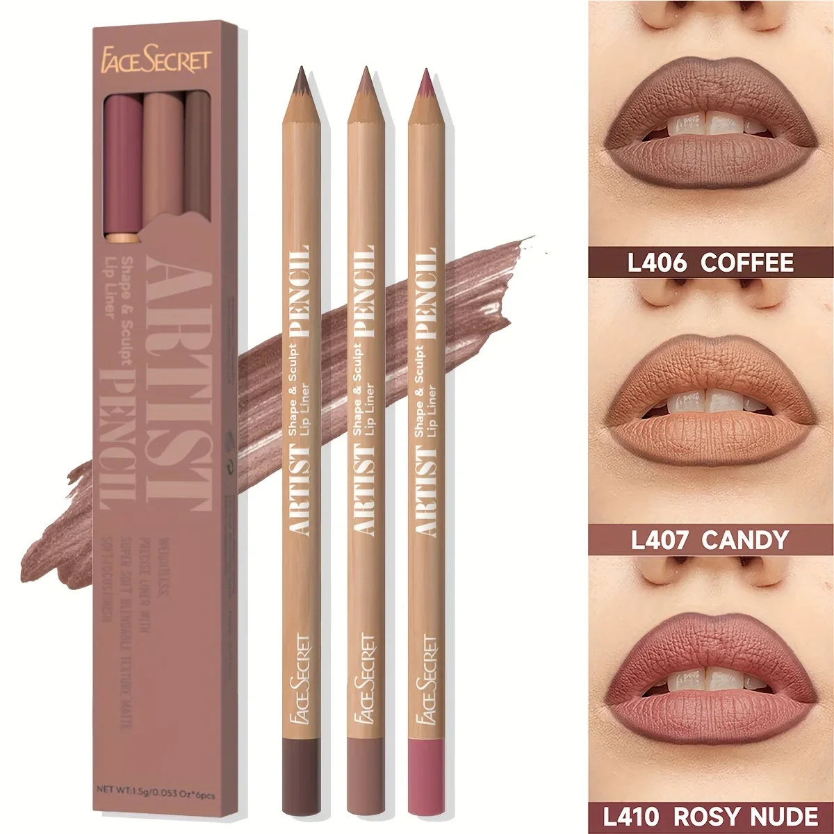 Face Secret 3 unidades / conjunto tons de café bege fosco delineador labial à prova d'água, de longa duração, veludo suave natural batom lápis macio