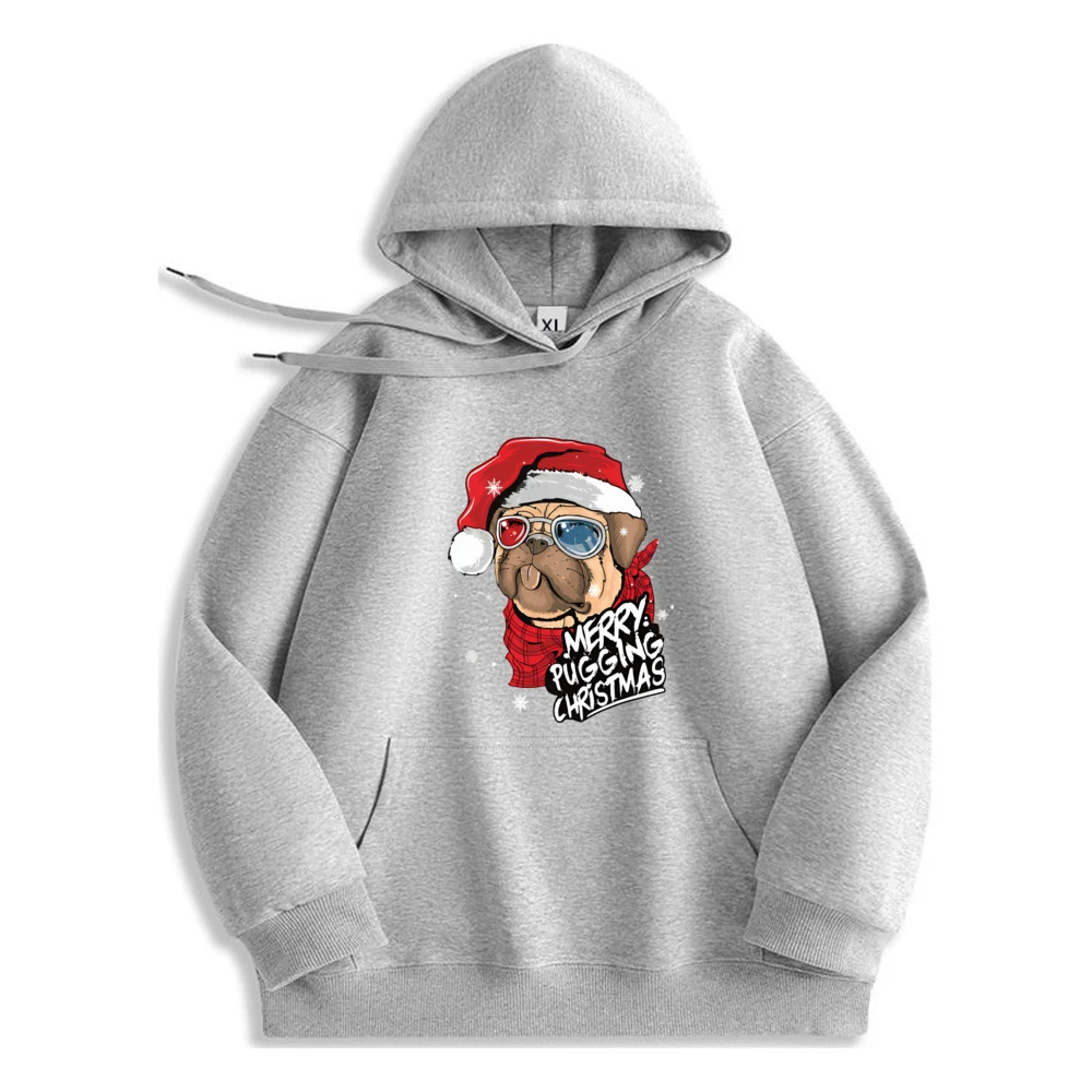 Merry Pugging Christmas Dog Santa Costume Graphic Hoodie Casual Fashion Polyester Fiber Long Sleeve Sweatshirt
