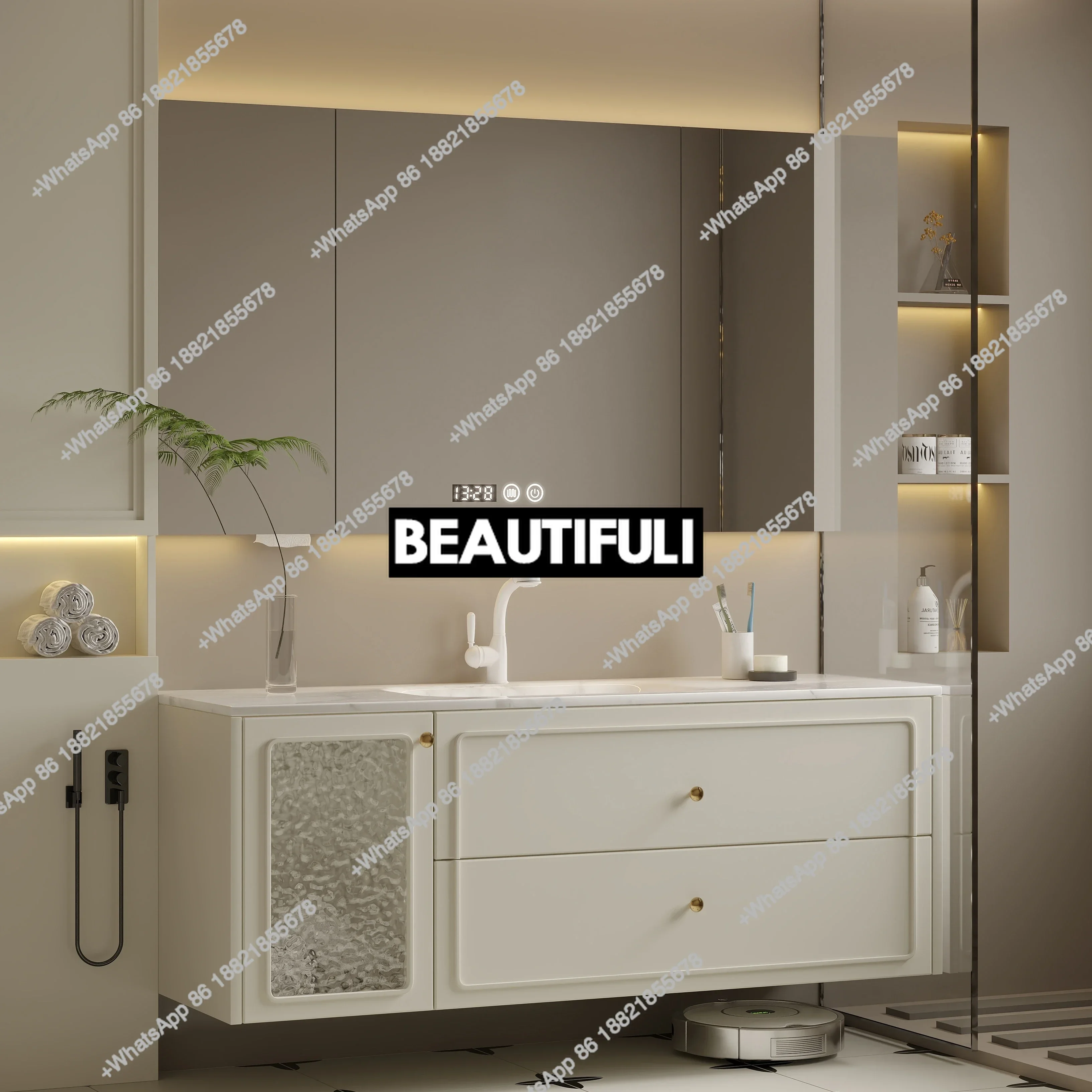 Z136French cream wind bathroom cabinet combination rock slab hot bending integrated basin oak washstand