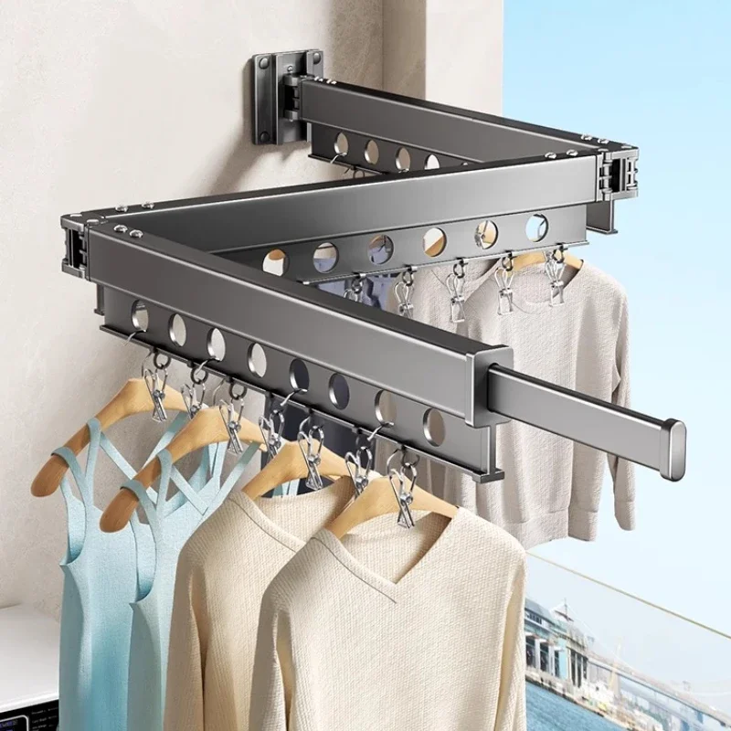 Z-Shape Folding Clothes Hanger Indoor Retractable Cloth Drying Rack Space Saving Laundry Clothesline Wall Mount Clothing Rack