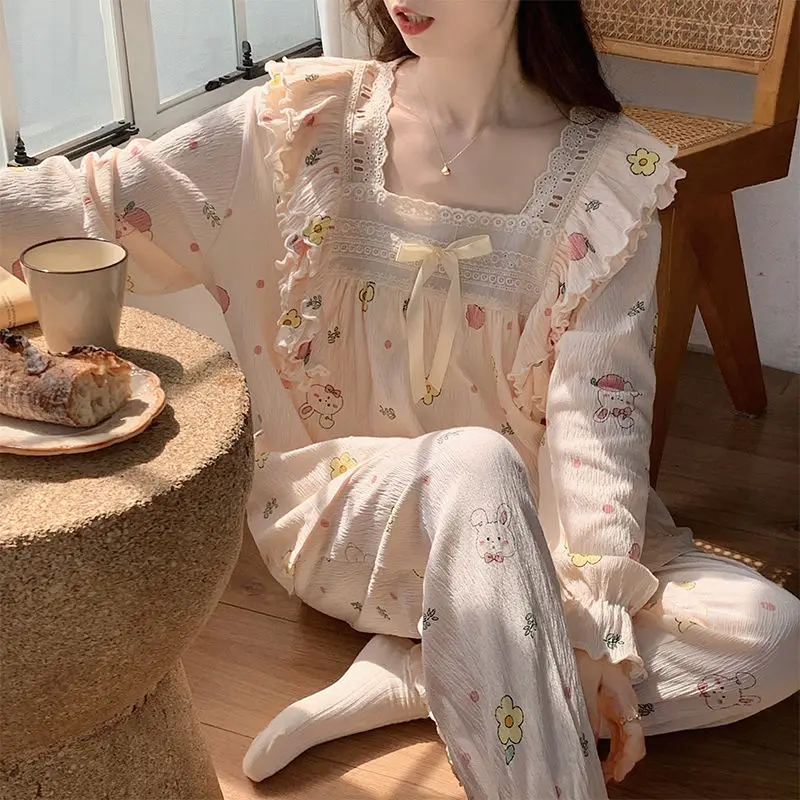 Lace Printed Sleepwear Women Pajamas Sets Long Sleeve Pants Korean Spring Autumn Nightwear Suit Kawaii Clothing Girl Homewear