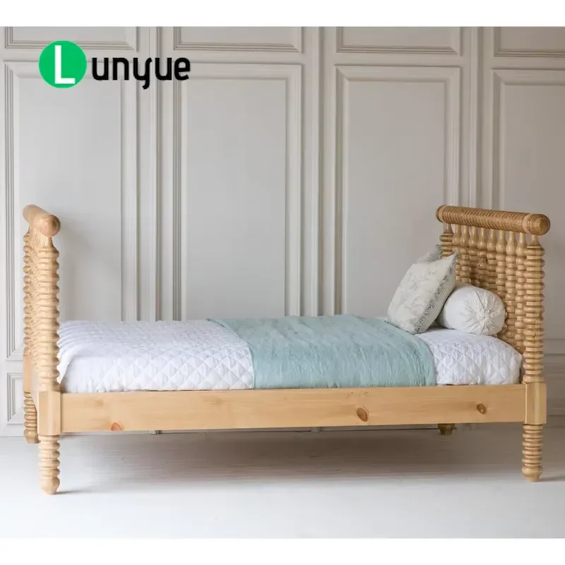 Retro Dark Blue Beaded Solid Wood Single Bed American Country Style Simple Design Suitable for Children's Room Bedroom