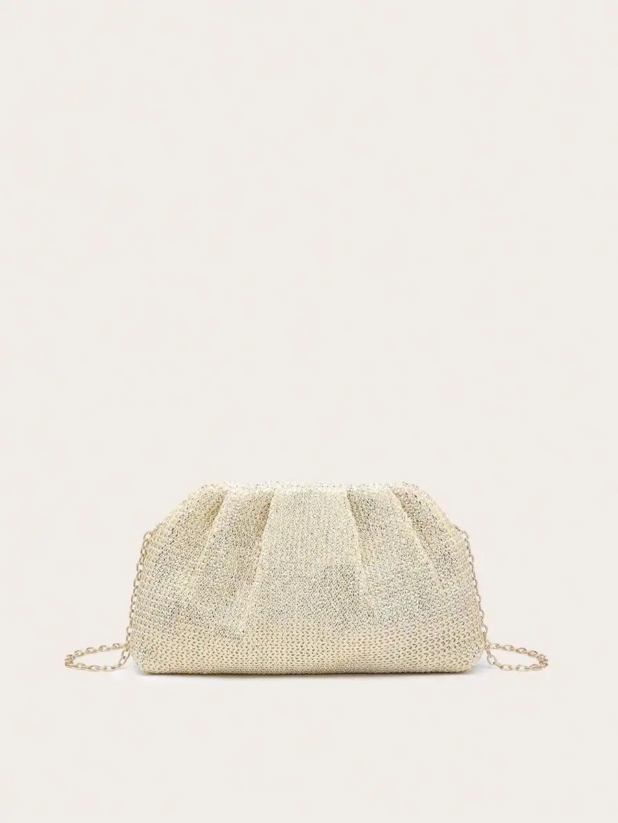 

Women's Square Crossbody Bag, Wrinkled Woven Fabric With Textured Pleats, Lightweight & Fashionable, Metal Chain Strap, Suitable