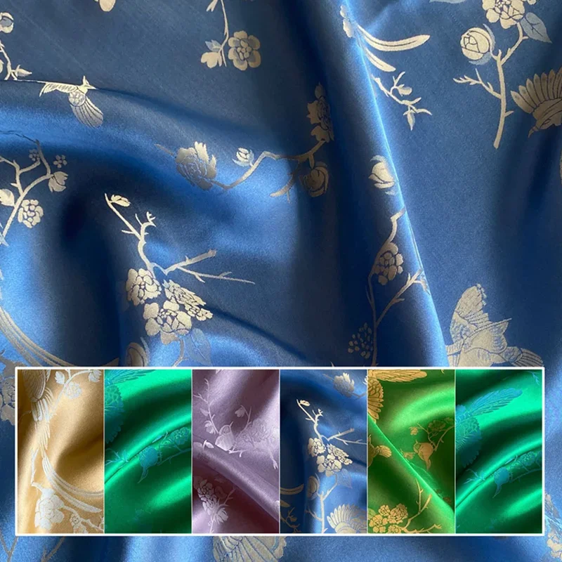 

5 Colors Available!114CM Wide 23MM Birds Floral Jacquard Silk Viscose Satin Fabric for Summer one-piece dress Shirt Clothes X041