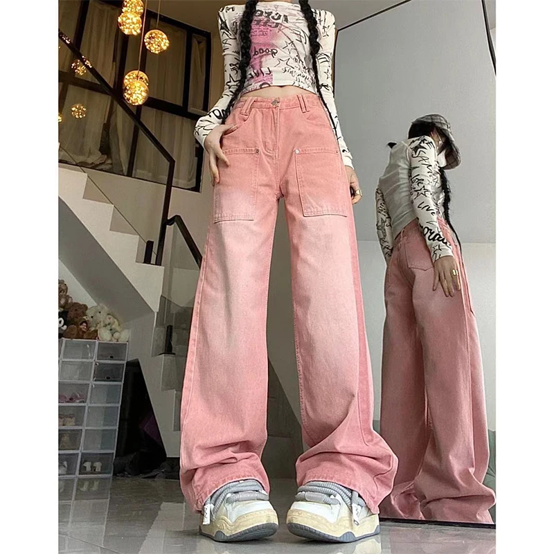 Pink Baggy Jeans Woman High Waist 2023 Autumn Winter Wide Leg Denim Trouser Streetwear Design Vintage Straight Jean Pants Female