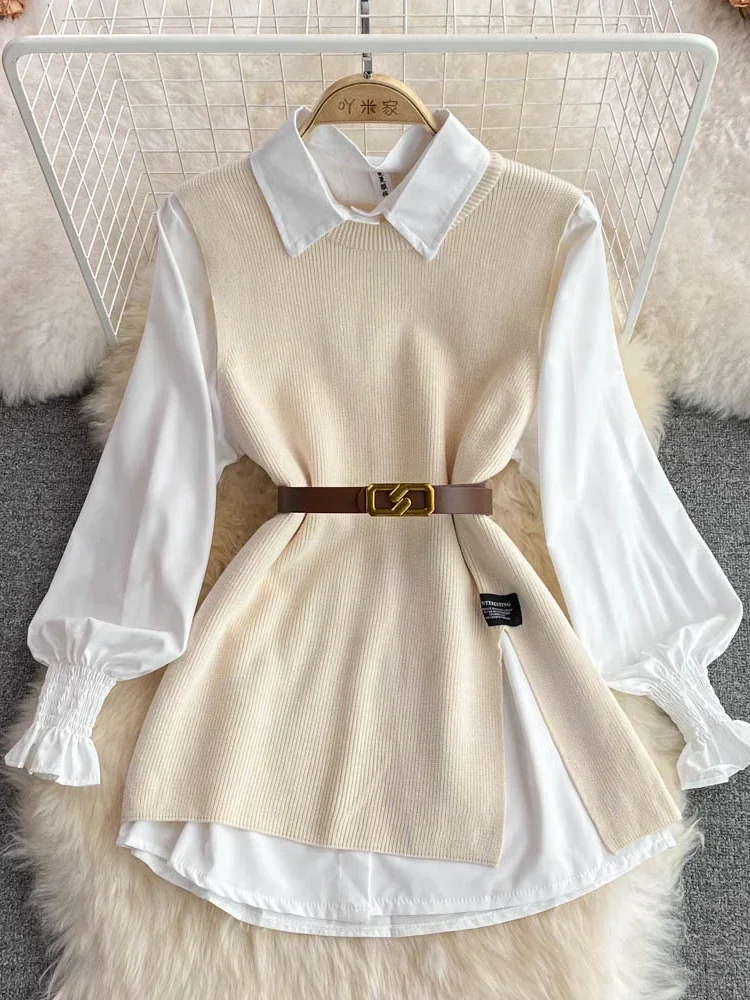 New Autumn Fashion Korean Office Lady Lapel Lantern Sleeves White Shirt +V-neck Knitted Vest Casual Two-piece Set Clothes Women