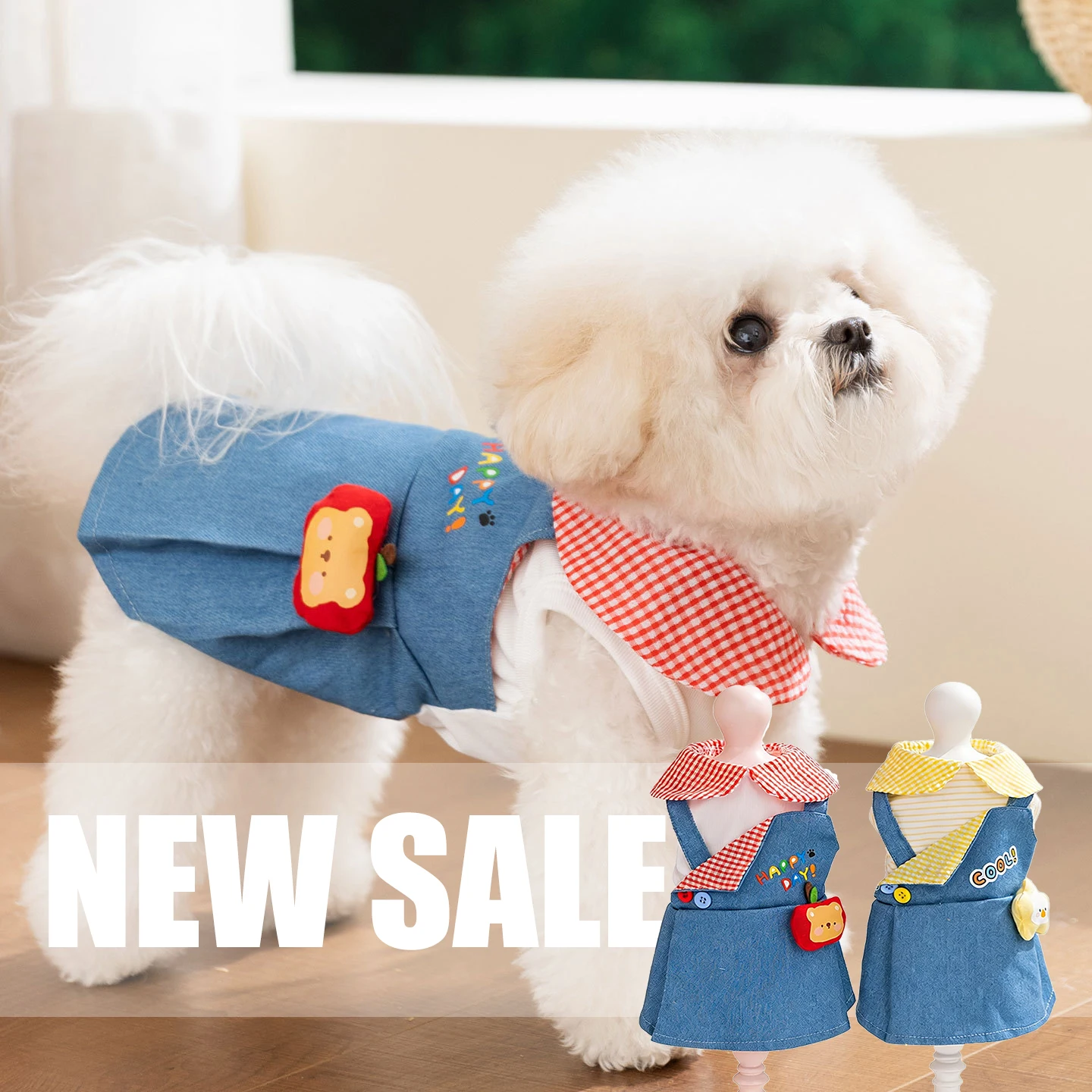2026 New Summer Dog Dress Denim Overalls Plaid Collar Cute Apple Bear Star Patch Vest for Teddy Bichon Puppy Cat Pet Clothes