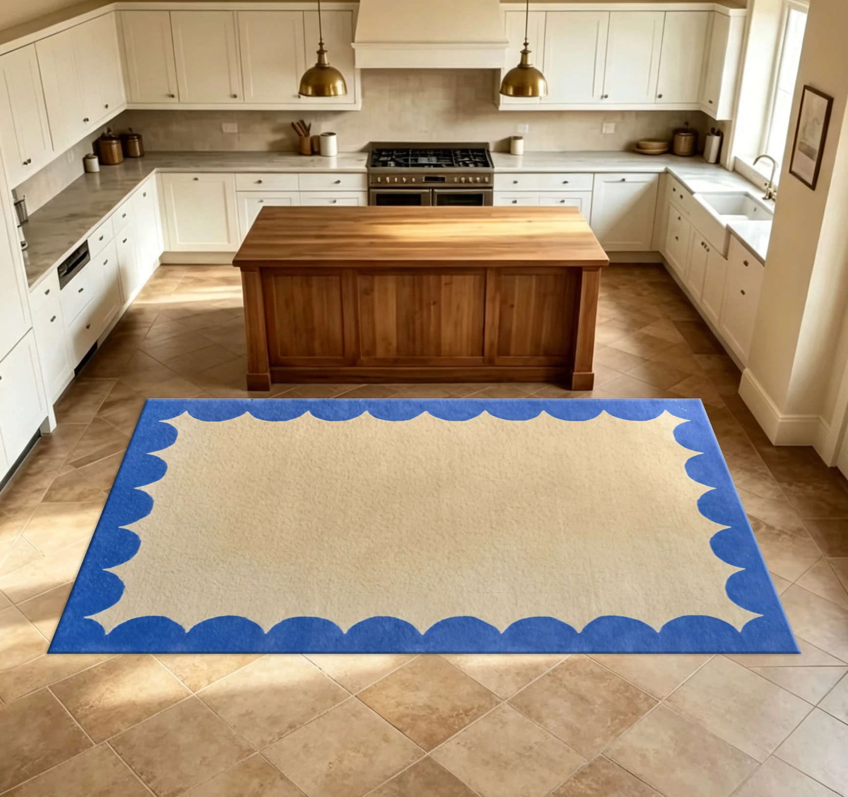 Simple Geometric Pattern Border Carpet, Blue and Beige Wavy Edge Decorative Floor Carpet, Soft Indoor Carpet Mat Suitable for Home Room Decoration