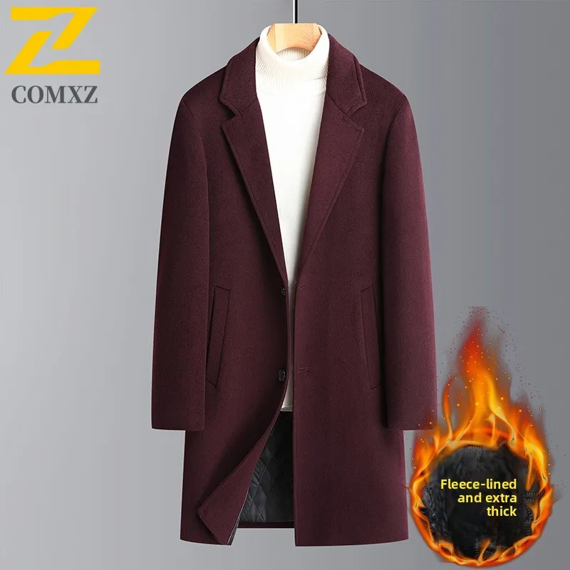 COMXZ Wool Overcoat Men Winter Cotton Padded Thick Woolen Fashion Business Casual Solid Color Trench Coat Waterproof Windproof