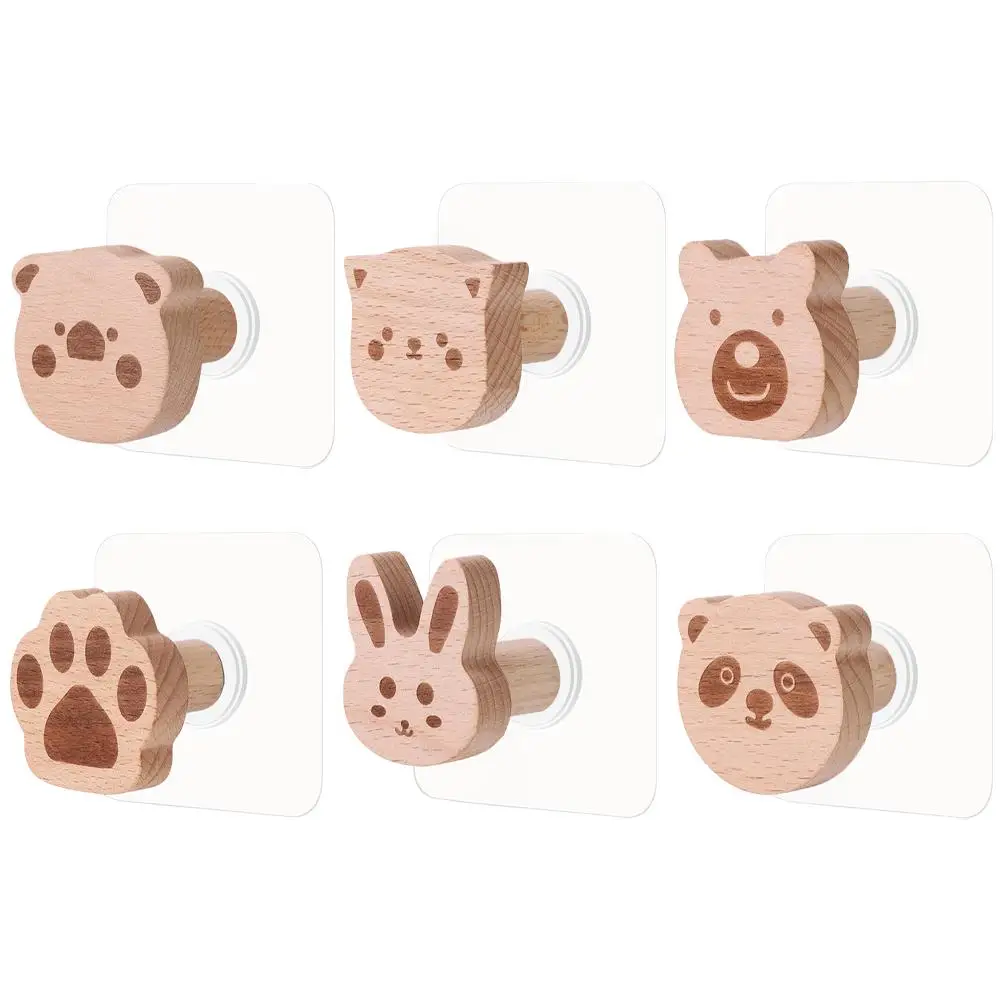 

6 Pcs Wooden Wall Adhesive Cartoon Animal Coat Hooks for Bedroom Bathroom Decorative Kids Room Sticky Hooks Home Storage