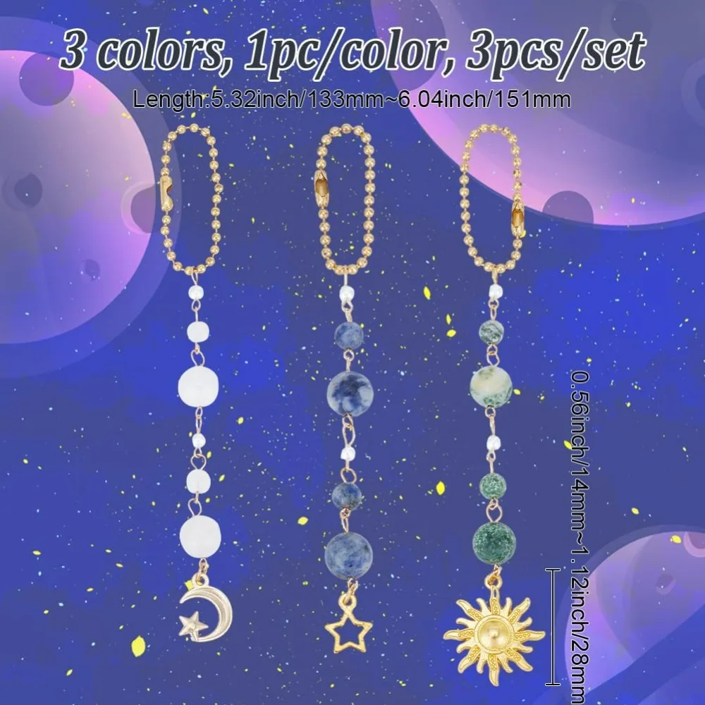 3Pcs Sun Car Hanging Ornament Natural Gemstone Rear View Mirror Beaded Pendant Alloy Sun Moon Stars Car Charm making kit