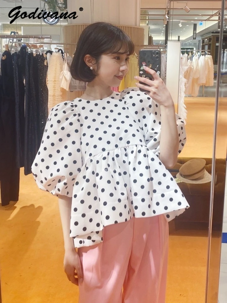 

Japanese New Summer Sweet Polka Dot Ruffle Edge Bubble Sleeve Fluffy Shirt Girl Womens Black and White Loose Elegant Blouse Tops