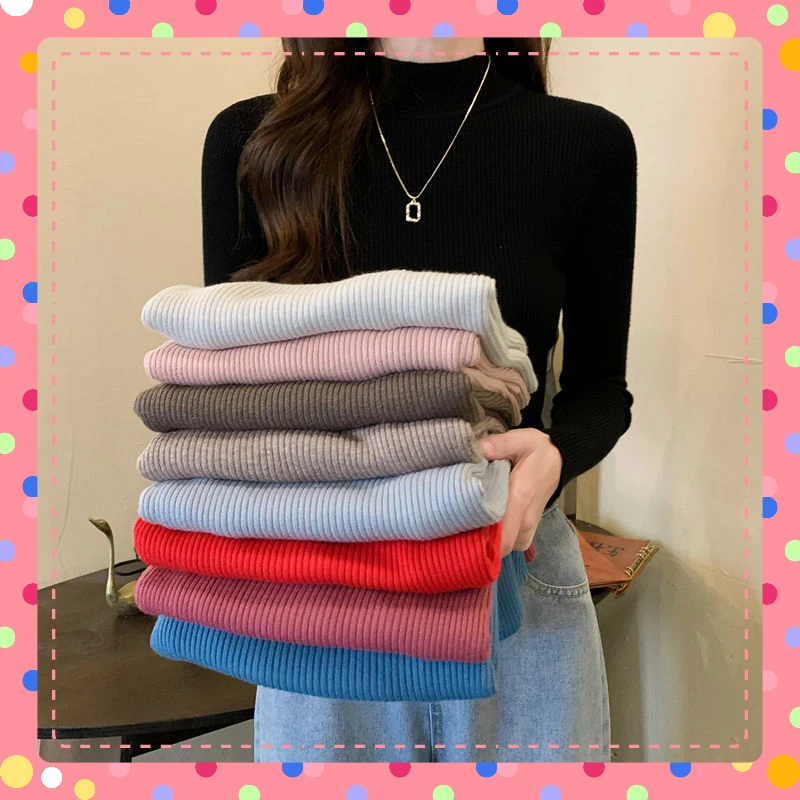 

Mock Neck Sweater, Women's Autumn and Winter Slim Tight Knitted Pullovers Spring and Autumn Foreign-style Mid Neck Top