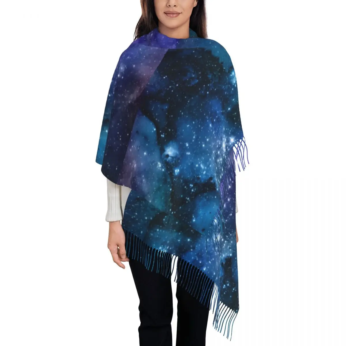 

Galaxy Lovers Scarf Female Starry Space Blue Sky Head Scarves with Tassel Winter Retro Shawls and Wrap Warm Soft Custom Foulard