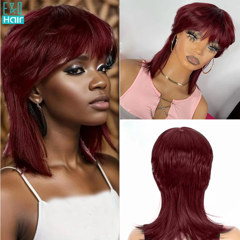 EQ Straight 99J Burgundy Human Hair Wigs For Women Full Machine Made Brazilian Remy Short Bob Pixie Mullet Pixie Cut Hair Wig