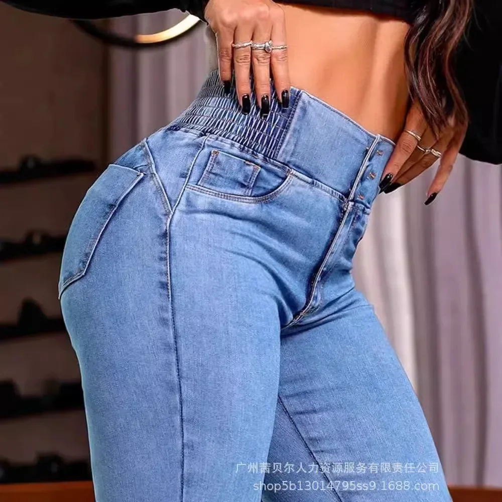 Back Shirred Button Front High Waist Jeans Women Denim Pants Jeans Pockets Jeans